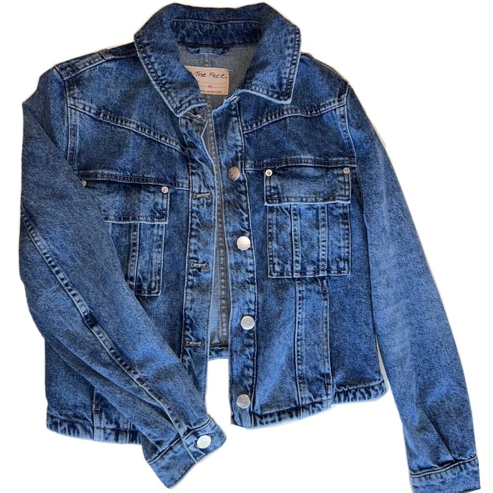 Free People Denim Jacket XS Cropped Medium Wash